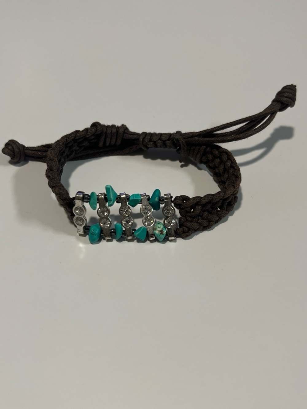 Brown Macrame Bracelet with Turquoise Beads and Silver Accents